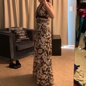 Brown and Cream Long Silky Halter Dress